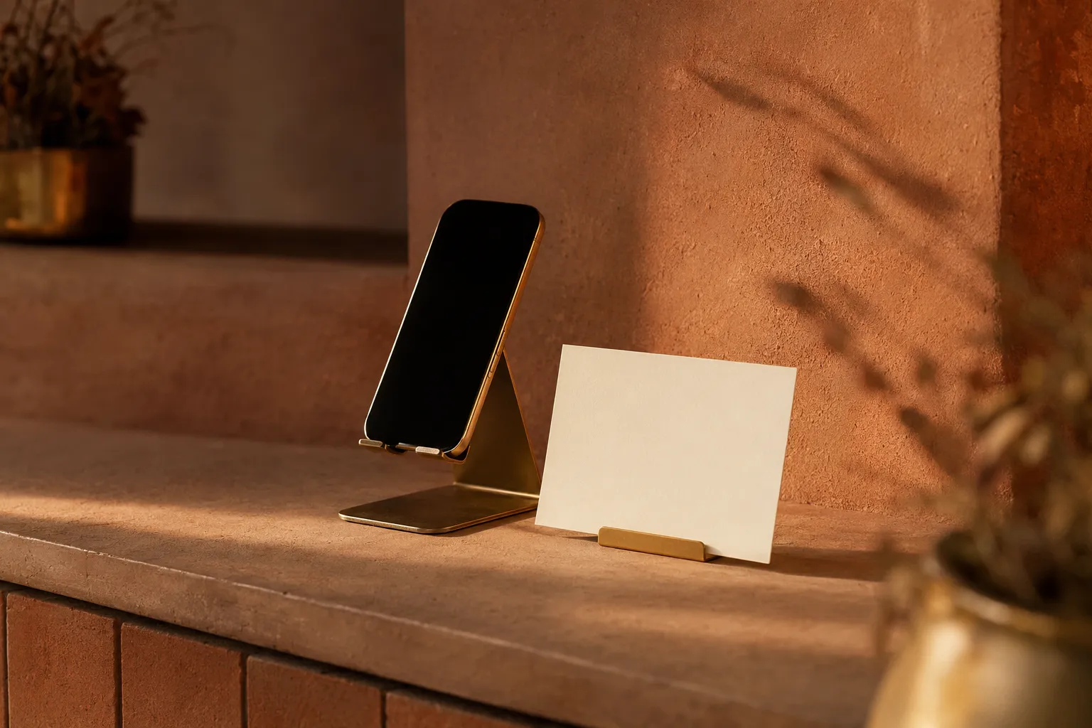 Smartphone posé sur un présentoir en laiton près d'une carte crème, mur terracotta flouté à l'heure dorée
