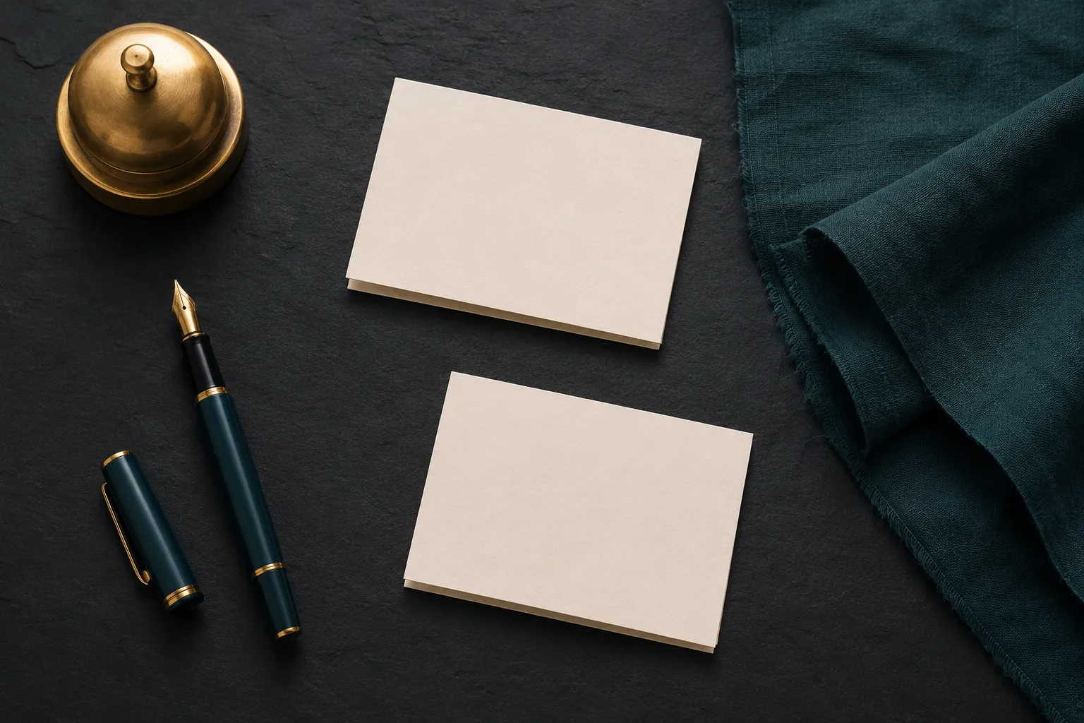 Vue de dessus d'un stylo plume doré, de cartes crème et d'une clochette en laiton sur une ardoise charbon avec un tissu bleu-vert