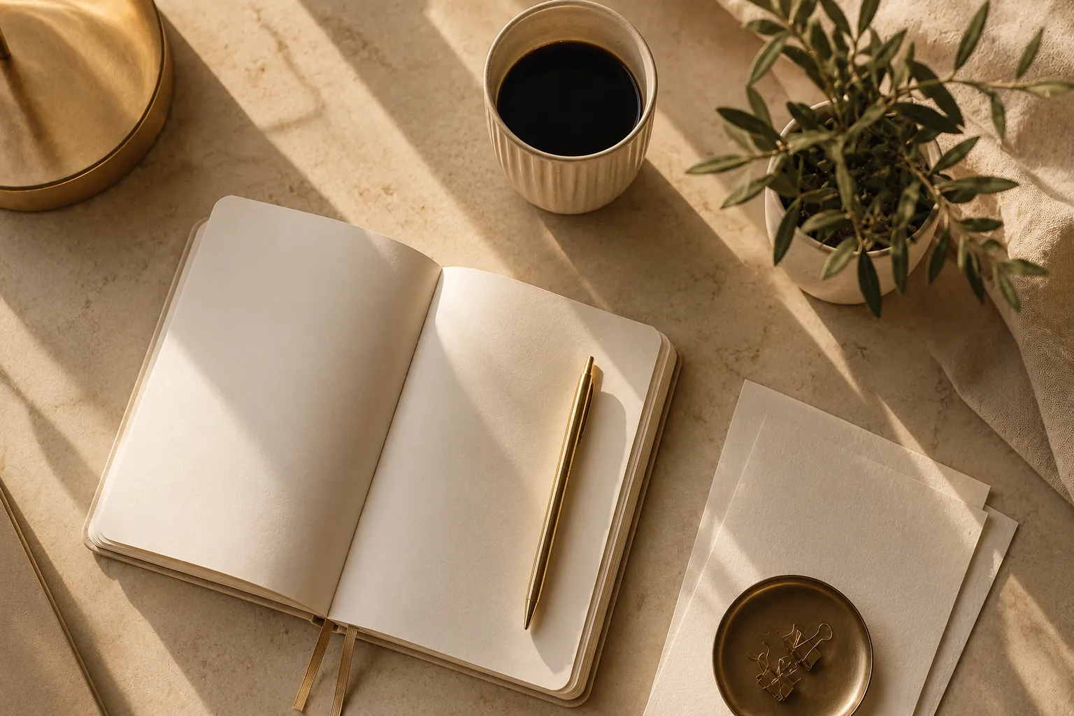 Coin de bureau soigné vu de dessus, carnet, stylo et tasse de café dans une lumière dorée