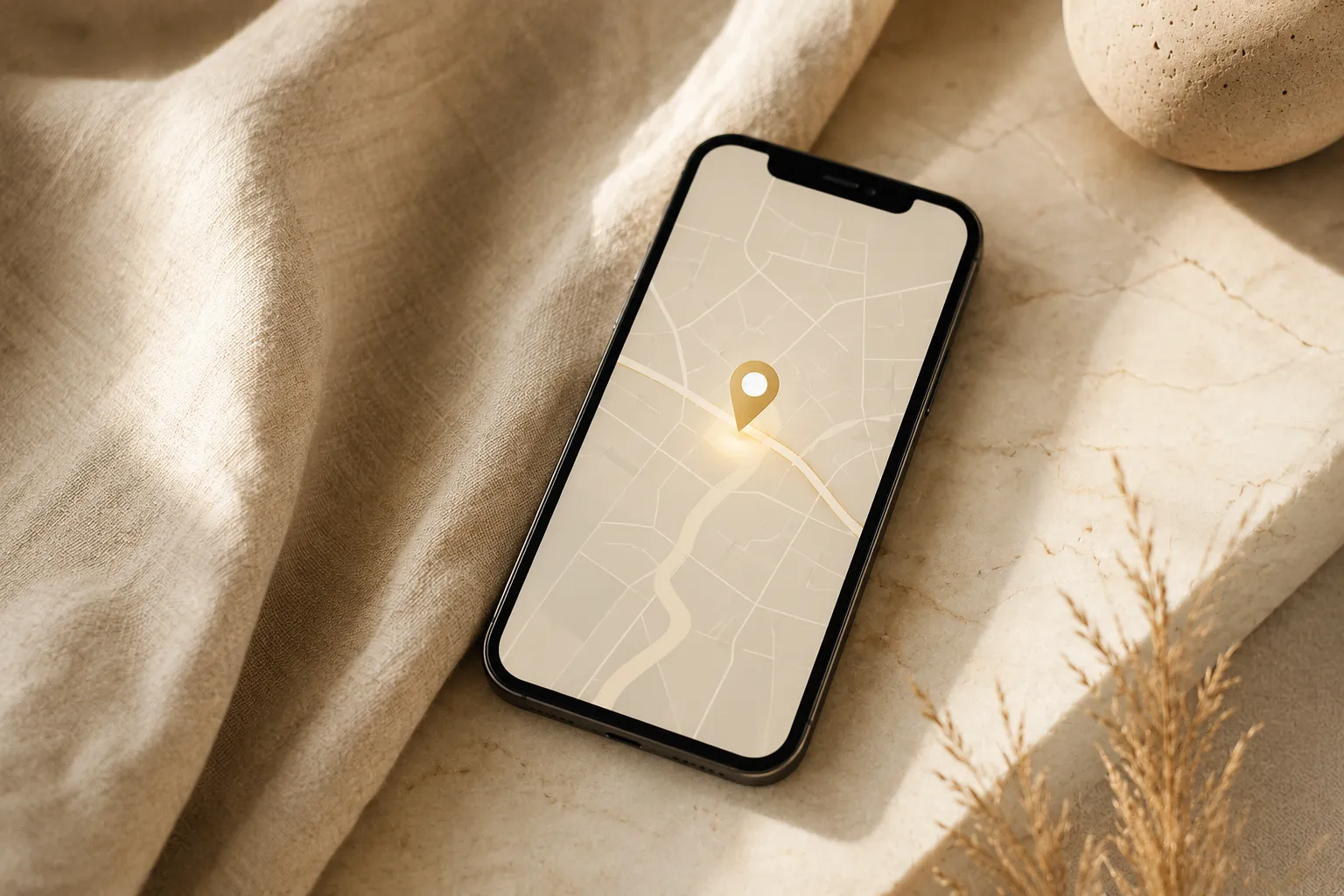 Smartphone posé sur une surface claire affichant une carte épurée avec un repère de localisation doré