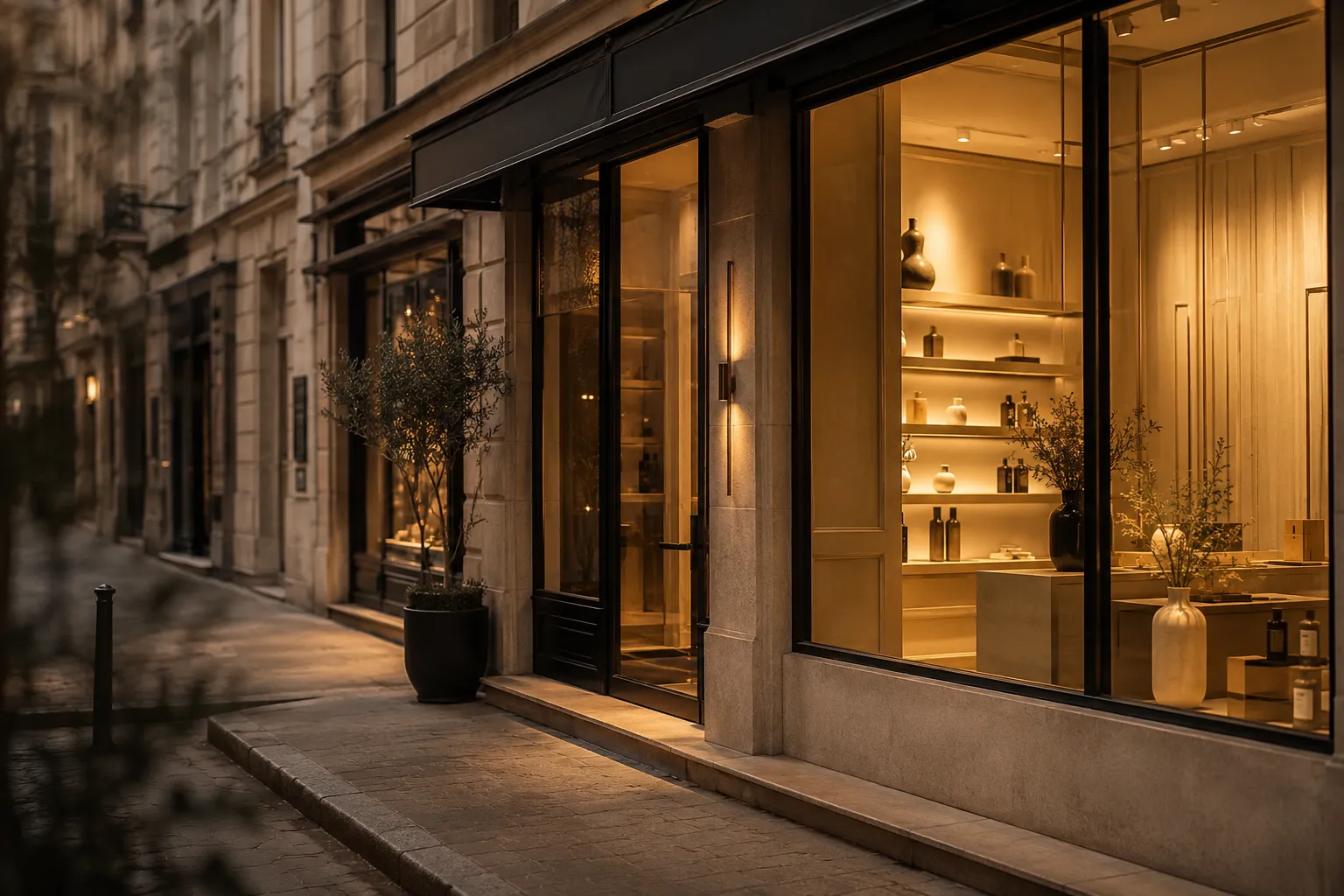 Devanture de boutique éclairée d'une lumière dorée à la tombée du soir, symbole d'une vitrine visible depuis la rue
