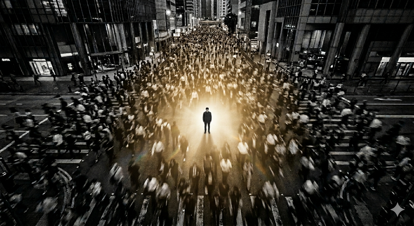 Une foule en mouvement, une silhouette qui se distingue