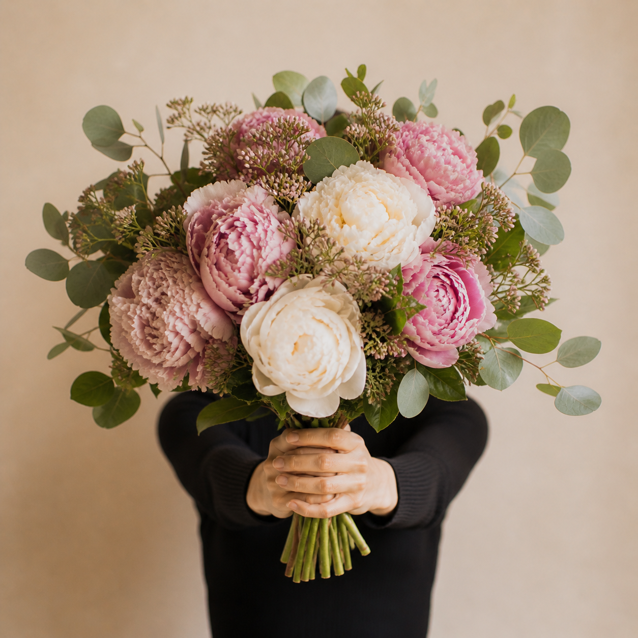 Inès, fondatrice de INQ. Agency, tenant un bouquet de pivoines