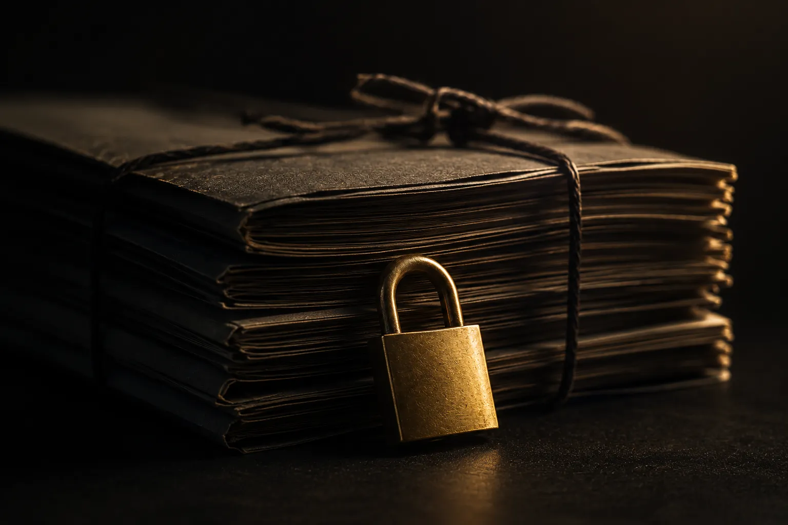 Petit cadenas en laiton posé sur une pile de contrats papier ficelés, dans une ambiance sombre et feutrée avec un liseré doré