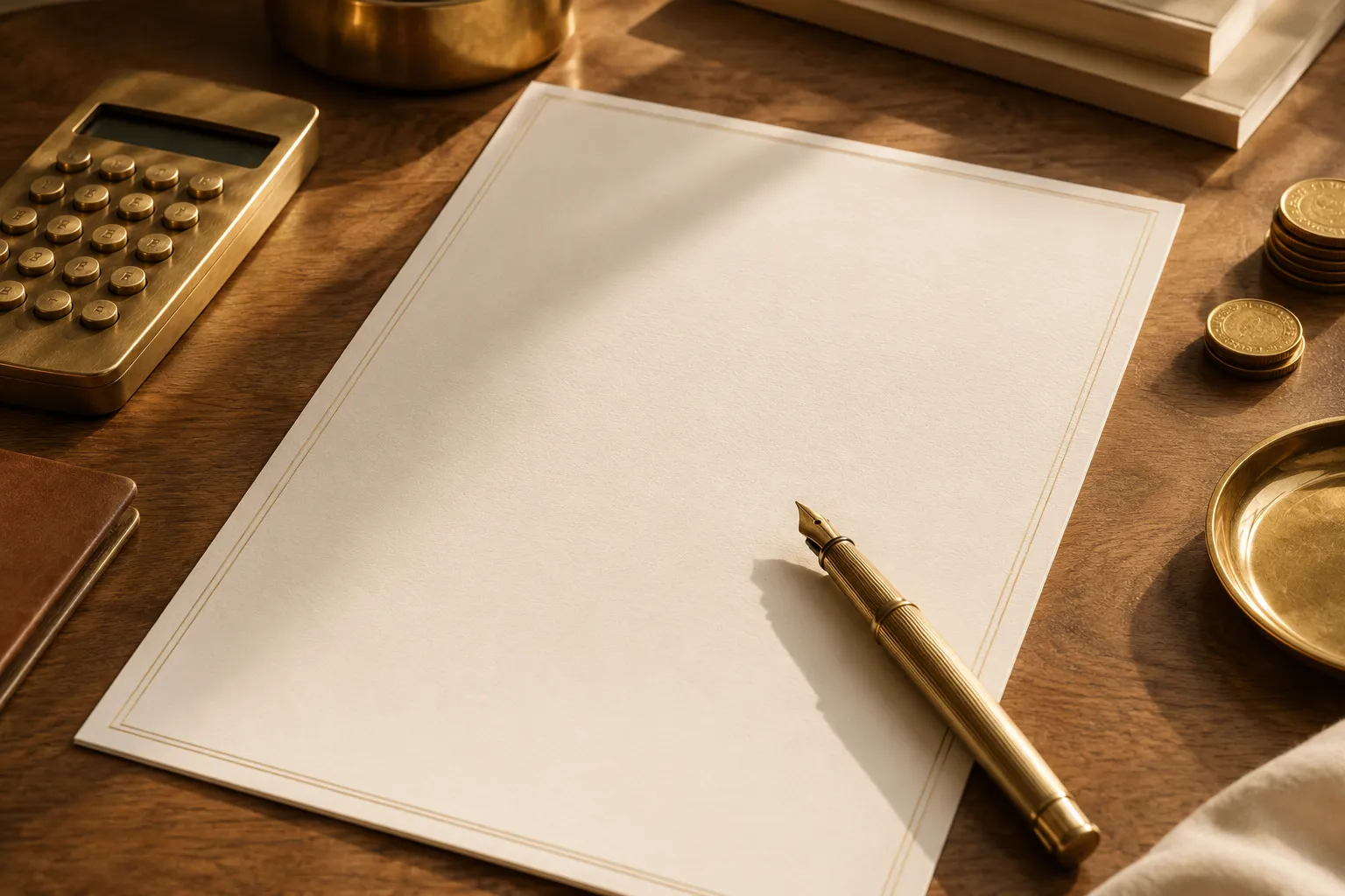 Feuille de devis vierge sur un bureau en bois clair, à côté d'un stylo à plume doré et d'une petite calculatrice en laiton, lumière chaude