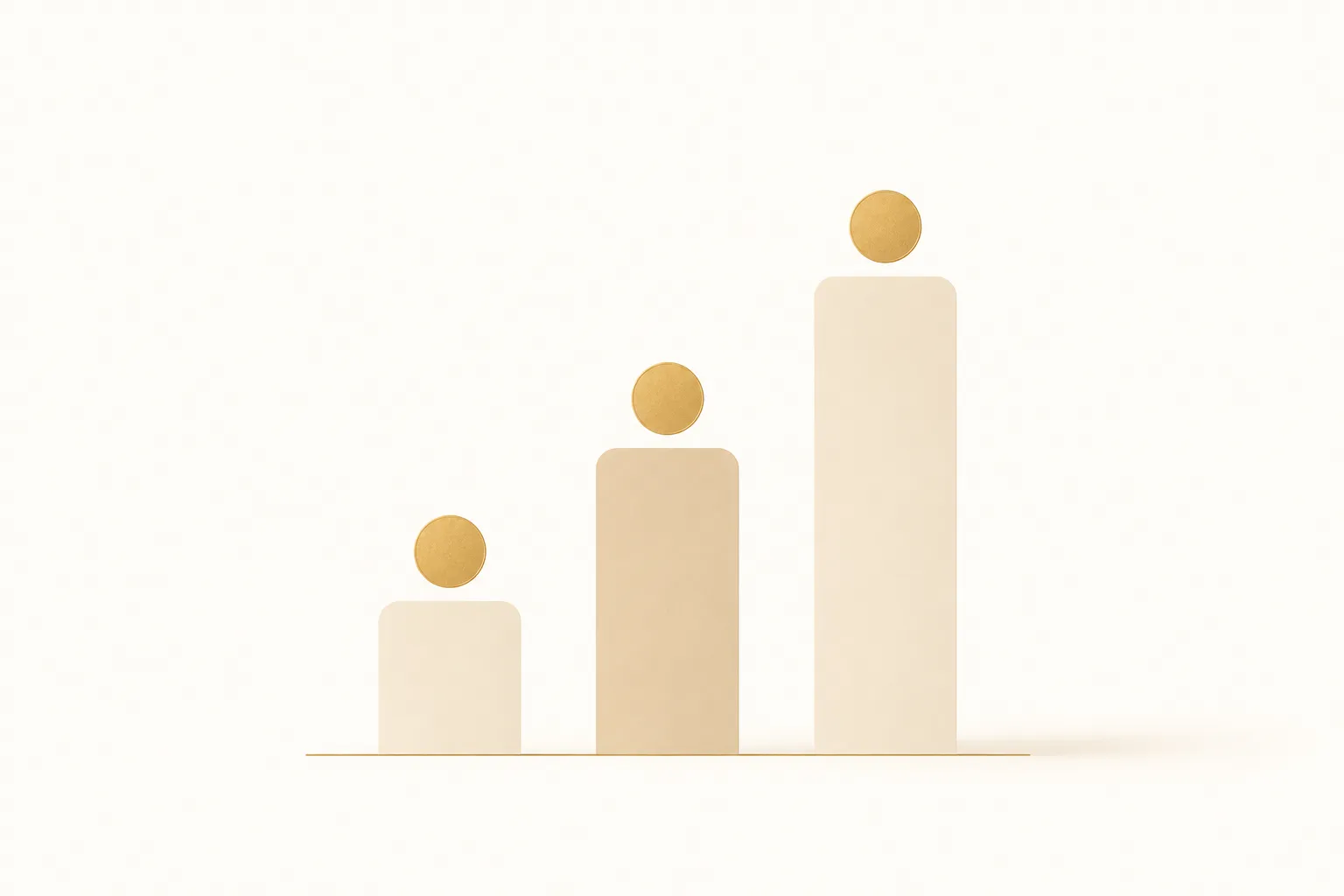 Illustration minimaliste de trois paliers de prix croissants en doré sur fond crème, chacun surmonté d'une pièce