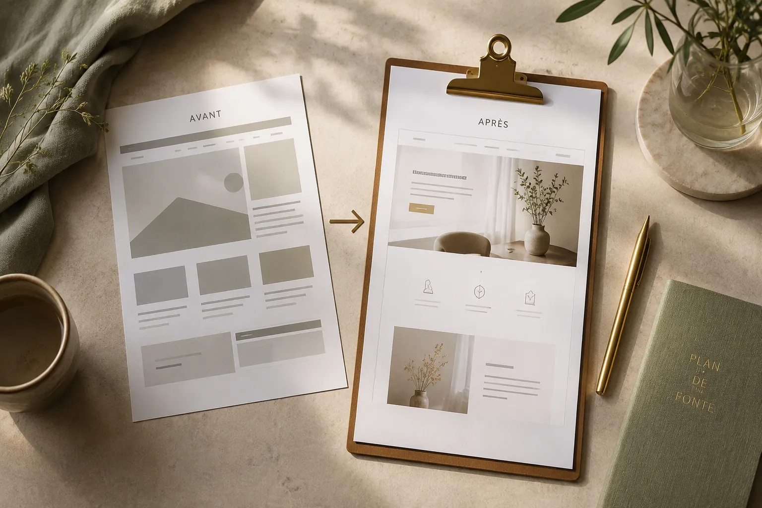 Comparaison avant/après d'un site web sur un bureau clair : à gauche une maquette papier grise et datée, à droite le site refait, épuré, sur un porte-bloc, une flèche dorée entre les deux
